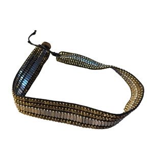 Silver and Gold Beaded Choker Style Necklace, Black Cording